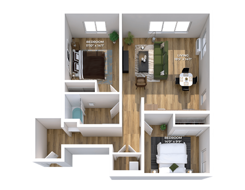 Floor plan for 2 beds, 1 bath, 918 sqft